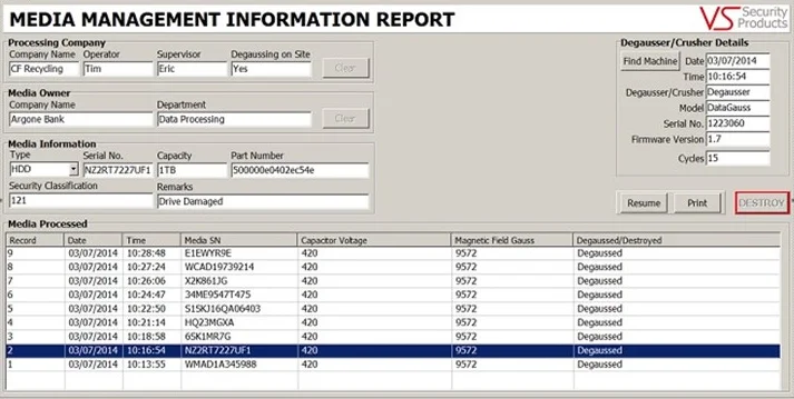 VSSP Log report - data destruction log reports, auditing reporting, hard disk drive destruction